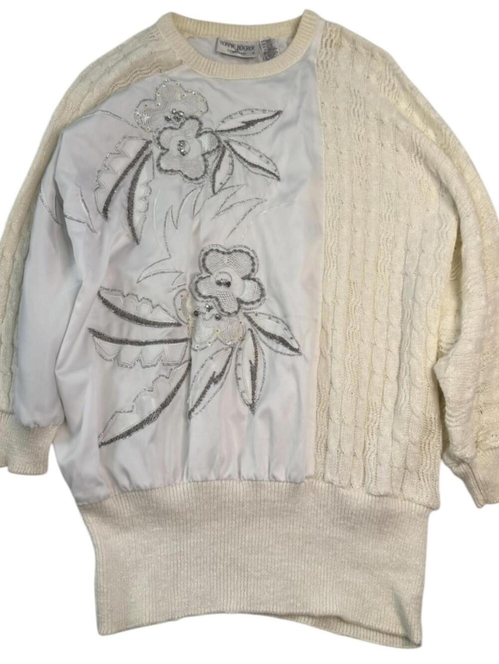 Vintage Bonnie Boerer cream mixed-texture sweater L & floral beaded front panel